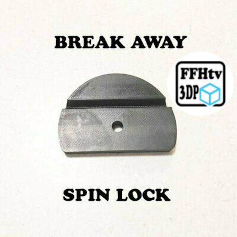 May include: A dark gray, semi-circular component with a flat base and a central circular hole. The text BREAK AWAY is positioned above the object, and SPIN LOCK is below it. A circular logo with the text FFHtv 3DP is visible to the right.