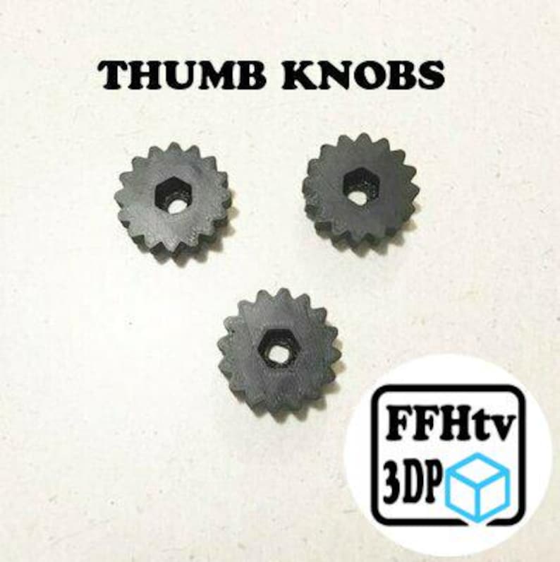 May include: Three black gear-shaped thumb knobs with a central hexagonal hole. The text THUMB KNOBS is printed at the top, and a logo with the text FFHtv 3DP and a blue cube icon is located in the bottom right corner of the image.