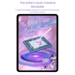 May include: A digital tablet display showing The Artist's Vault: Creative Bandolier with a purple galaxy background, a stylus, a pink squiggle, and small icons including a brain with a lightbulb and a safe labeled Trust the Process.