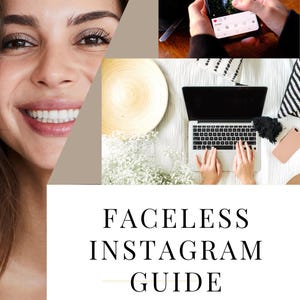以下が含まれることがあります： 笑顔の女性、画像を表示するスマートフォン、タイプする手のあるラップトップ、木製のプレートを組み合わせた画像。テキストは「FACELESS INSTAGRAM GUIDE」と「COMPLETE FACELESS INSTAGRAM MARKETING BLUEPRINT」と表示されています。
