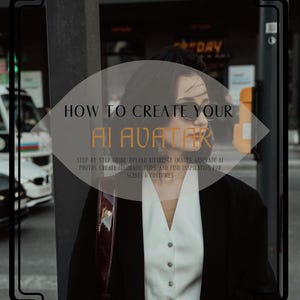 以下が含まれることがあります： 「HOW TO CREATE YOUR AI AVATAR」というテキストを含む画像。テキストは、白いボタンダウンシャツと黒いブレザーを着た人物の写真に重ねられています。画像には、「STEP BY STEP GUIDE UPLOAD REFERENCE IMAGES GENERATE AI PHOTOS, CREATE CINEMATIC CLIPS AND FIND INSPIRATION FOR SCENES & COSTUMES」というテキストも含まれています。