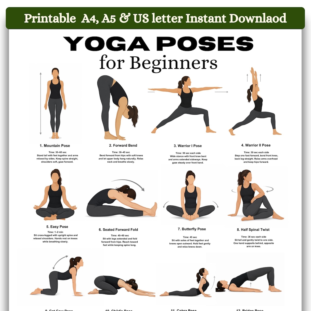 Yoga Poses for Beginners Printable, Beginner Yoga Chart PDF, 16 Asanas