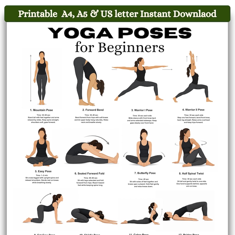Yoga Poses for Beginners Printable, Beginner Yoga Chart PDF, 16 Asanas