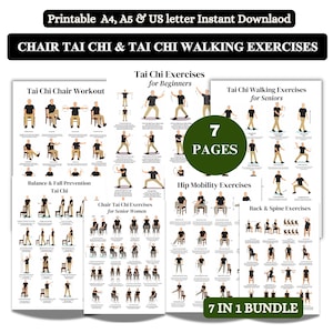 May include: A printable bundle of Tai Chi exercise guides. The guides include chair workouts, walking exercises, and exercises for beginners and seniors. The bundle includes 7 pages of exercises and is available for instant download.