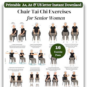 Pode incluir: Download digital imprimível com 16 exercícios de Tai Chi em cadeira para mulheres idosas. O guia inclui ilustrações de várias poses, como respiração centralizada sentada e fluxo de mãos de nuvem, com texto de acompanhamento.