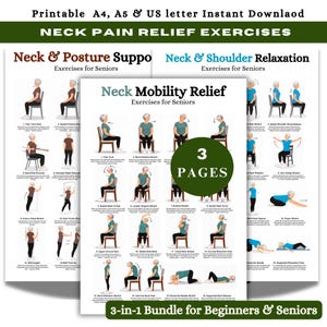 May include: A three-page printable digital download featuring illustrated neck pain relief exercises for seniors. Each page displays step-by-step instructions with diagrams of a person performing movements, titled Neck and Posture Support, Neck Mobility Relief, and Neck and Shoulder Relaxation.