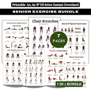 May include: A bundle of printable exercise guides for seniors. The bundle includes guides for lower back pain relief, chair stretches, back and spine exercises, hip mobility, balance and fall prevention, sciatica, and knee exercises. The bundle is 7 in 1 and includes 7 pages.