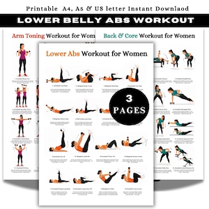 Peut inclure: Un ensemble de trois guides d'entraînement imprimables illustrant des exercices avec haltères. Les pages sont intitulées Lower Belly Abs Workout, Arm Toning Workout for Women et Back & Core Workout for Women, avec un cercle noir indiquant 3 PAGES.