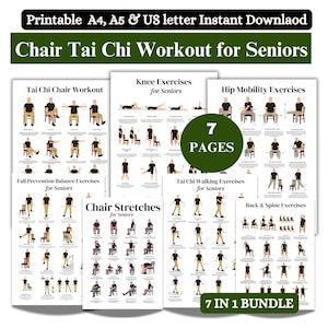 Può includere: Un pacchetto di guide di esercizi stampabili per anziani. Le guide includono Chair Tai Chi Workout, Knee Exercises, Hip Mobility Exercises, Fall Prevention Balance Exercises, Chair Stretches, Tai Chi Walking Exercises e Back & Spine Exercises. Disponibile in A4, A5 e US letter.