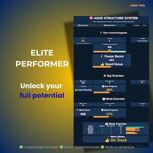 Könnte beinhalten: Digitales Dashboard-Grafik mit dem Text "ADHS-Struktursystem" und "Elite Performer". Das Dashboard zeigt Fortschrittsmetriken an, darunter Konzentrationswerte, Tagesübersicht und Wochenübersicht. Der Text "Unlock your full potential" ist ebenfalls sichtbar.
