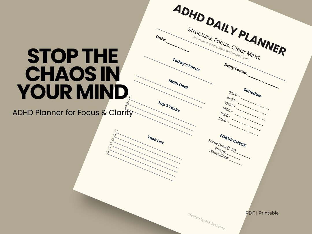 ADHD Daily Planner Printable A4 PDF, Digital Planner, Focus Planner ...
