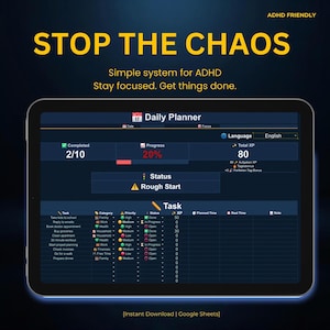 Smart ADHD Daily Planner Gamified Productivity System Google Sheets Template Task Manager XP Reward Tracker Neurodivergent Focus Progress