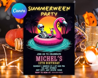 Summerween Birthday Invitation: Retro Halloween Pool Party (Editable Canva Template, 5x7 Digital Download)