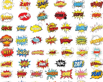 50+ Comic Style Action Bubbles SVG Bundle, Pop Art Text (Instant Download)