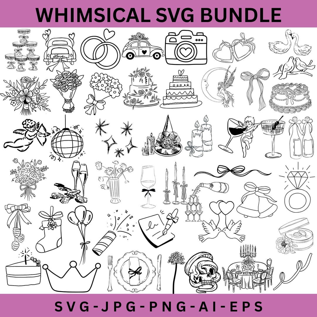 Whimsical Wedding Icons SVG Clipart Bundle: Hand Drawn Cupid ...