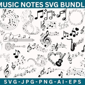 Pacchetto SVG di note musicali: chiave di violino, clipart vettoriali (download digitale)