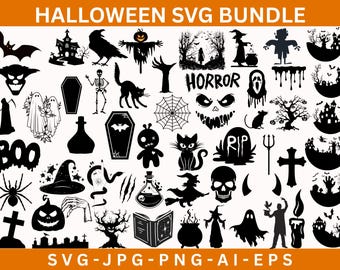 May include: A collection of black Halloween-themed SVG graphics. Includes bats, haunted houses, crows, scarecrows, ghosts, spiders, and the word "HORROR". The text "HALLOWEEN SVG BUNDLE" is at the top, and "SVG-JPG-PNG-AI-EPS" is at the bottom.