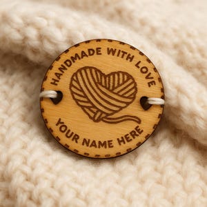 Personalized “Handmade With Love” Wooden Tags – Custom Name Buttons for Crochet, Knitting, or Sewing Projects. | Bulk Discounts Available!