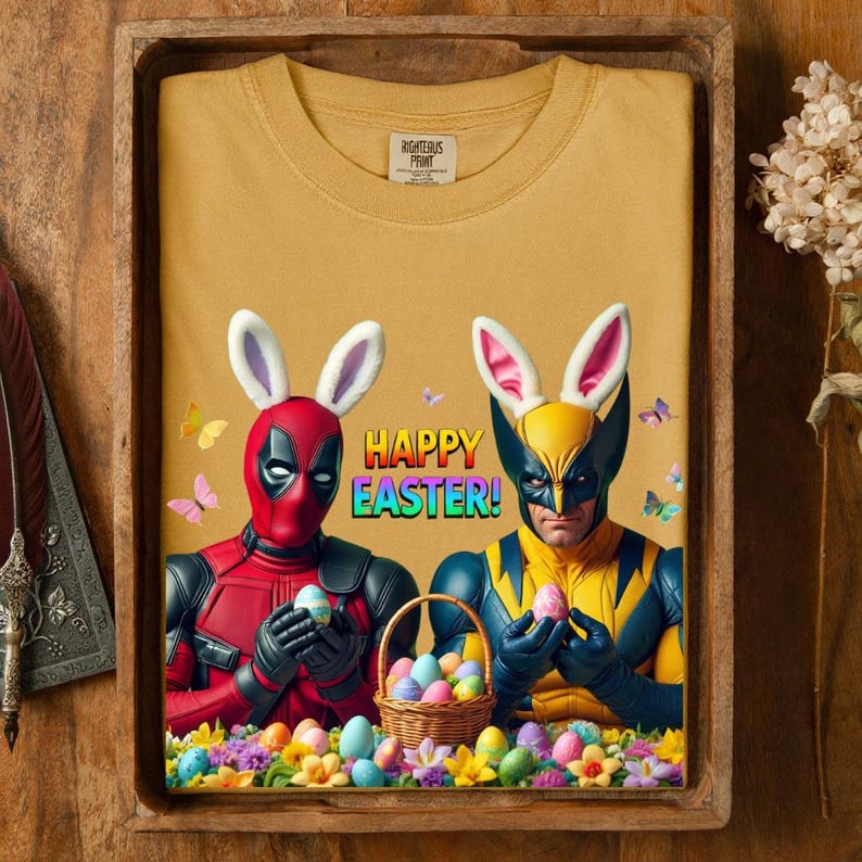 Deadpool Wolverine Easter Shirt, Funny Superhero Bunny Tee, Marvel Fan Holiday Gift, Happy Easter Comic Graphic afbeelding 1