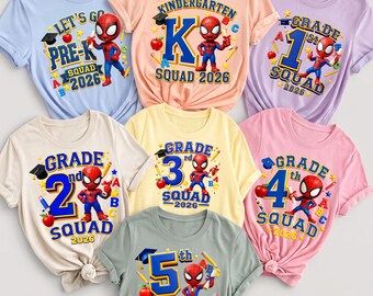 May include: A collection of seven short-sleeved t-shirts in light blue, peach, lavender, cream, yellow, pink, and gray. Each shirt features a graphic of a cartoon superhero, school supplies, and text indicating grade levels from Pre-K to 5th grade.