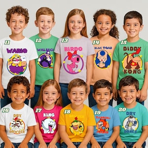 May include: A collection of ten short-sleeved t-shirts featuring various Nintendo characters including Wario, Waluigi, Birdo, Blue Toad, Diddy Kong, Dry Bowser, King Boo, Bowser Jr., Tanooki Mario, and Dry Bones, each with a numbered label from 11 to 20.