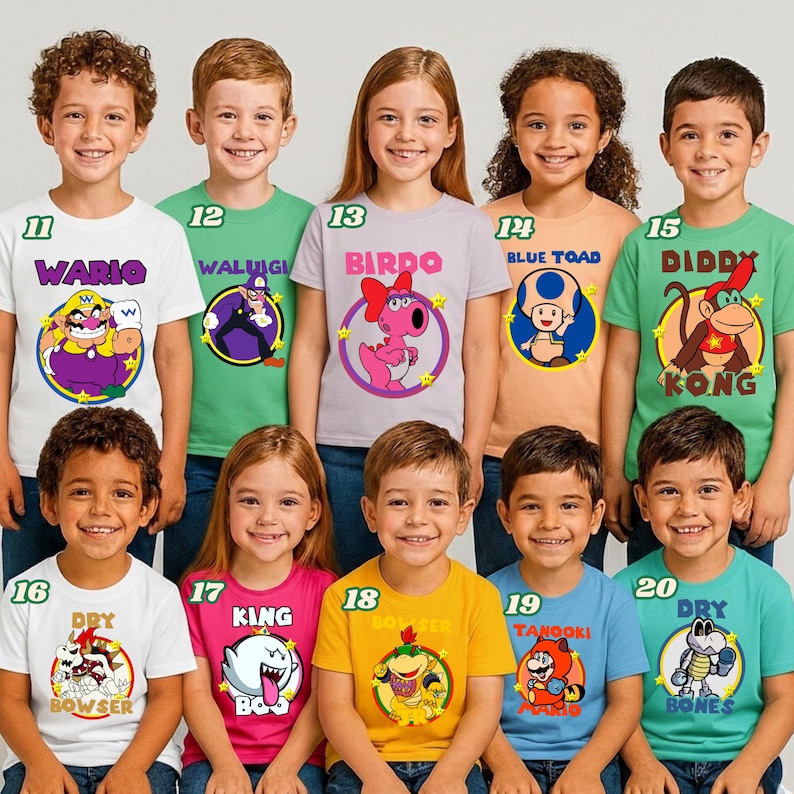 May include: A collection of ten short-sleeved t-shirts featuring various Nintendo characters including Wario, Waluigi, Birdo, Blue Toad, Diddy Kong, Dry Bowser, King Boo, Bowser Jr., Tanooki Mario, and Dry Bones, each with a numbered label from 11 to 20.