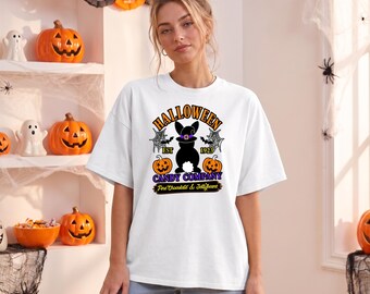 Black Cat Halloween Shirt, Vintage Candy Company Tee, Retro Witch Hat Black Cat, Spooky Season Pumpkin Top, Orange and Black Fall Shirt