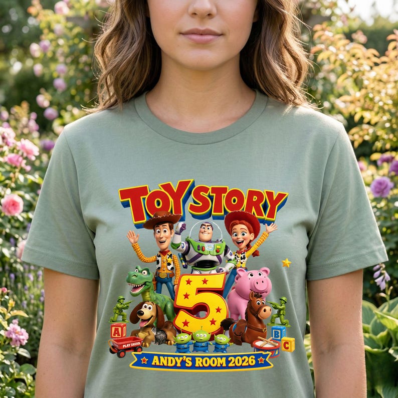 May include: A sage green t-shirt featuring a colorful graphic of Toy Story characters including Woody, Buzz Lightyear, Jessie, Rex, Slinky Dog, Hamm, Bullseye, and green army men surrounding a large yellow number 5 with the text ANDY'S ROOM 2026.