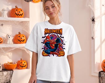 Spider-Man Halloween Shirt, Marvel Spiderman Tee, Spooky Pumpkin Web Comic Tee, Crouching Superhero Shirt, Purple Bat Halloween T-Shirt