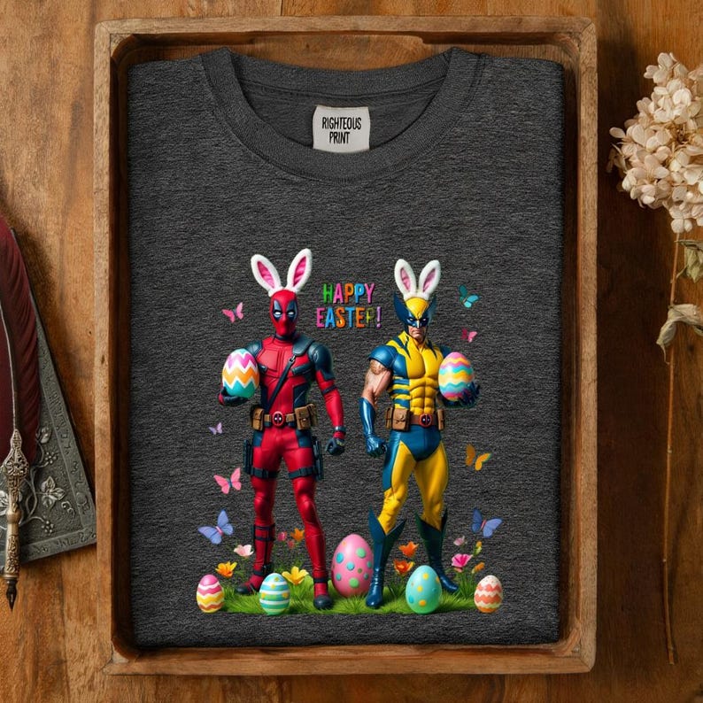Puede incluir: Camiseta gris oscuro de cuello redondo con un gr&aacute;fico de Deadpool y Wolverine disfrazados de conejitos de Pascua, sosteniendo huevos de Pascua. Las palabras "HAPPY EASTER!" est&aacute;n en letras coloridas. La camiseta tiene una etiqueta que dice "RIGHTEOUS PRINT".