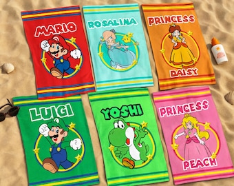 May include: Six rectangular beach towels featuring Nintendo characters. The red towel shows Mario, light blue shows Rosalina, orange shows Princess Daisy, green shows Luigi, lime green shows Yoshi, and pink shows Princess Peach, each with their name.