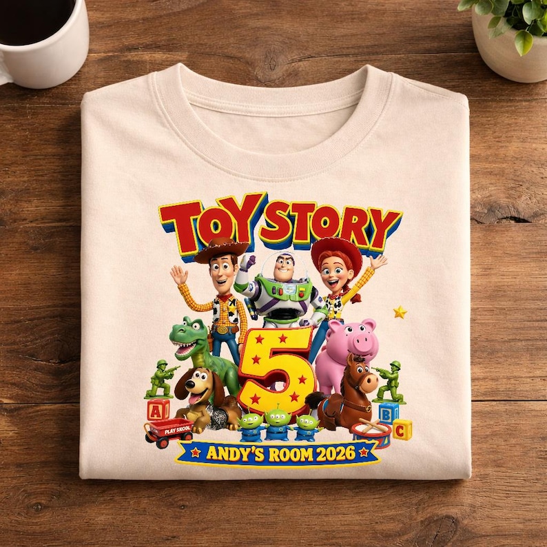 May include: A beige t-shirt featuring a colorful Toy Story graphic with Woody, Buzz Lightyear, Jessie, Rex, Slinky Dog, Hamm, Bullseye, and green army men. The design includes a large yellow number 5 and the text Toy Story and Andy's Room 2026.