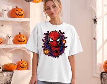 Spiderman Halloween Shirt, Marvel Superhero Tshirt, Spooky Purple Bats Pumpkin Tee, Comic Book Spider Emblem, Halloween Spooky Season Tee