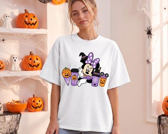 Minnie Mouse Halloween Shirt, Witch Hat Coffee Cup Tee, Spiderweb Purple Orange Shirt, Womens Disney Park Tee, Spooky Minnie Halloween Tee