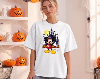 Mickey Mouse Halloween Shirt, Disney Halloween Tee, Mickey Witch Hat T-Shirt, Spooky Haunted Castle Shirt, Womens Purple Black Disney Tee