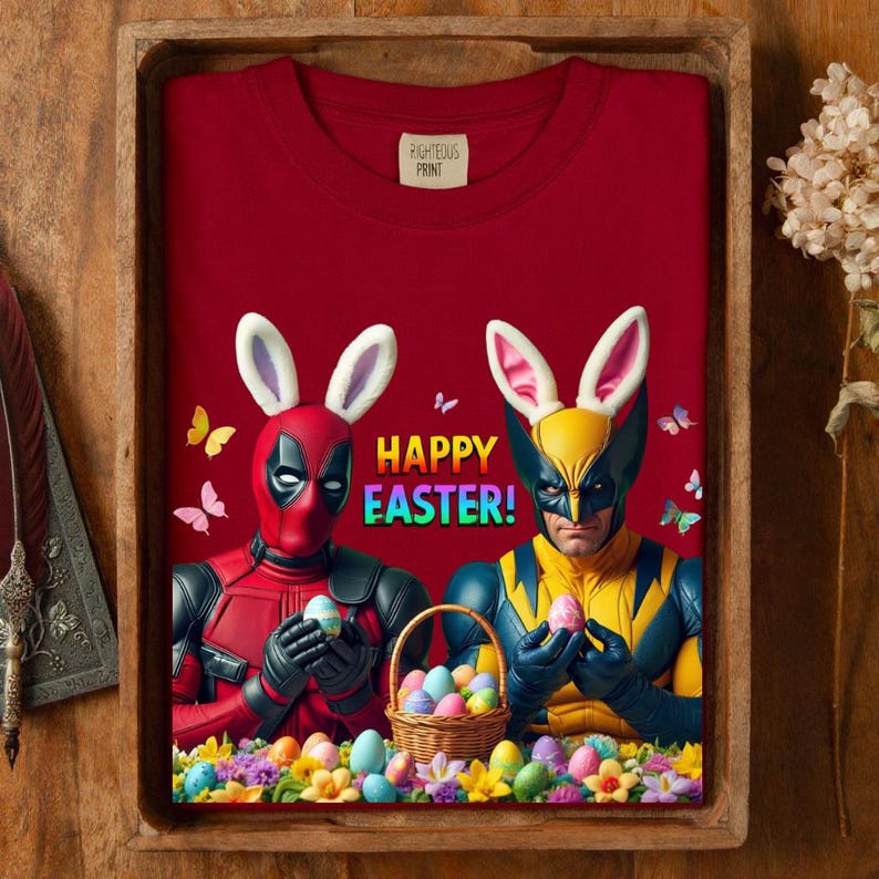 May include: A maroon sweatshirt with a colorful "Happy Easter!" graphic. The graphic features Deadpool and Wolverine wearing bunny ears and holding Easter eggs, with a basket of eggs and butterflies.