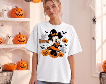 Minnie Mouse Halloween Shirt, Disney Minnie Witch Tee, Orange Halloween Shirt, Spooky Spider Web Graphic, Flying Bats Halloween Tee