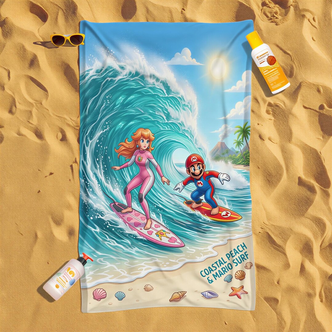 Mario Beach Towel, Surfing Mario Design, Ocean Wave Summer Pool Mat ...