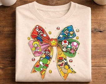 Camiseta con lazo de Super Mario, camiseta gráfica de la Princesa Peach de Mario Luigi, regalo de cumpleaños de videojuegos retro