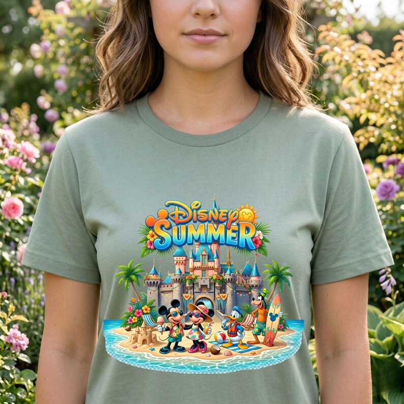 May include: A sage green t-shirt featuring a graphic print of Mickey Mouse, Minnie Mouse, Donald Duck, and Goofy on a beach in front of a castle. The text "Disney SUMMER" is printed above the characters, accompanied by palm trees and flowers.