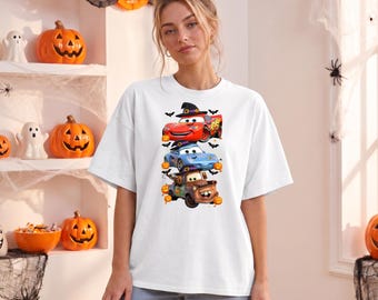 Lightning McQueen Halloween Shirt, Cars Halloween Shirt, Witch Hat Stacked Cars Tee, Spooky Halloween McQueen Tee, Burgundy Halloween Shirt