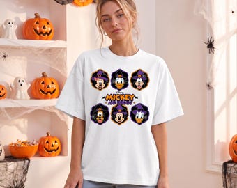 Mickey Mouse Halloween Shirt, Disney Halloween Shirt, Purple Orange Witch Hat Tee, Scalloped Circle Spooky Shirt, Mickey Halloween Tee