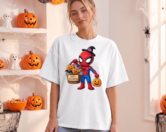 Spider-Man Halloween Shirt, Cute Spiderman Witch Hat Tee, Marvel Trick or Treat Kids Tshirt, Cartoon Superhero Pumpkin Basket Shirt