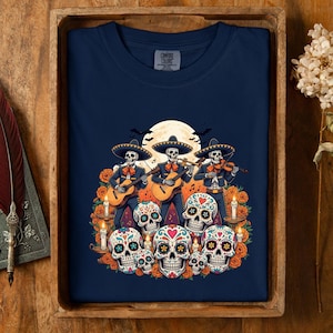 Day of the Dead Mariachi Skeletons T-Shirt, Dia de los Muertos Sugar Skull Tee,Mexican Folk Music Halloween Shirt, Calavera Festival Apparel