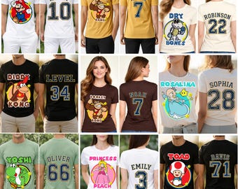 May include: A collection of short-sleeved t-shirts featuring various Nintendo characters like Mario, Donkey Kong, Dry Bones, Diddy Kong, Rosalina, Yoshi, Princess Peach, and Toad on the front, with personalized names and jersey numbers on the back.