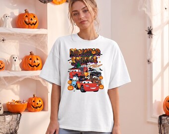 Lightning McQueen Halloween Shirt, Radiator Springs Tee, Orange Pumpkin Cars Shirt, Spiderweb Bat McQueen Tee, Festive Cartoon Tshirt