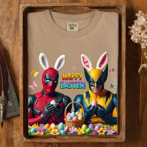Deadpool Wolverine Easter Shirt, Funny Superhero Bunny Tee, Marvel Fan Holiday Gift, Happy Easter Comic Graphic afbeelding 14