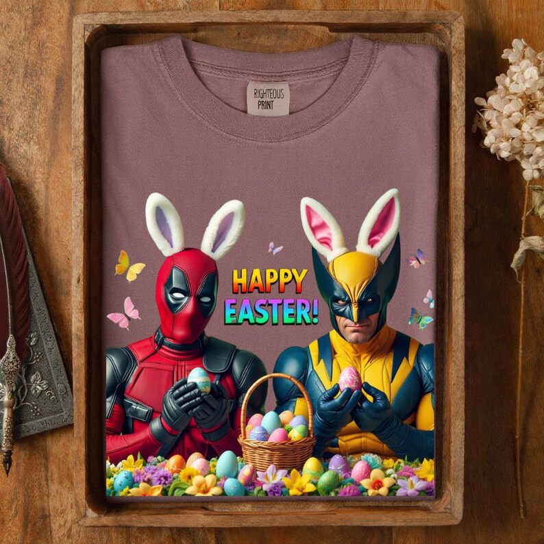 Deadpool Wolverine Easter Shirt, Funny Superhero Bunny Tee, Marvel Fan Holiday Gift, Happy Easter Comic Graphic afbeelding 2
