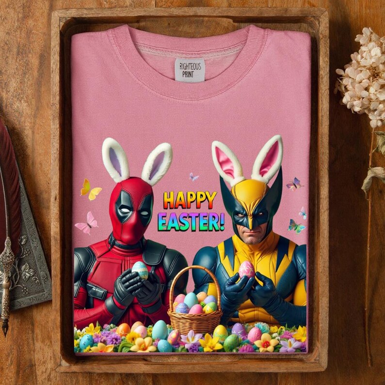 Deadpool Wolverine Easter Shirt, Funny Superhero Bunny Tee, Marvel Fan Holiday Gift, Happy Easter Comic Graphic afbeelding 6