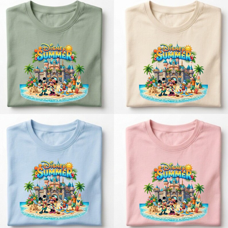 May include: Four t-shirts in sage green, beige, light blue, and light pink, each featuring a graphic of Disney characters at a beach with a castle, palm trees, and the text Disney Summer. The design includes Mickey, Minnie, Donald, and Goofy.